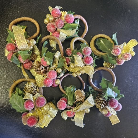 Set Of 8 Vintage Berry Pinecone Ribbon Napkin Rings Christmas Holidays Gold - Picture 8 of 9